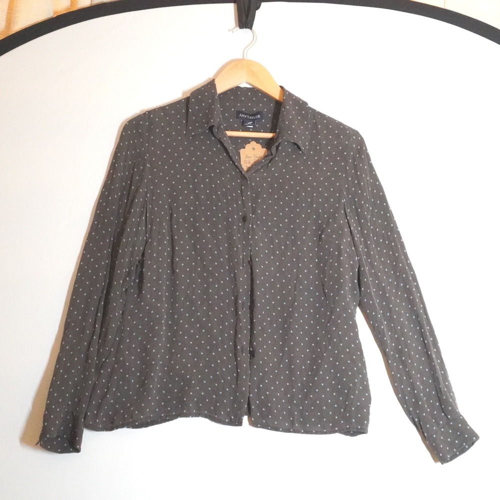 Ann Taylor Silk Polka Dot Top Gray‎ Blue Long Sleeve Button Down Shirt Size 10